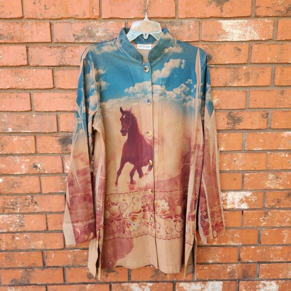 Horse-Print Long-Sleeve Button-Down Shirt Dress With Mandarin Collar Size Large - Picture 5 of 11